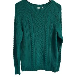 GAP Emerald Dark Green Cable Knit Sweater Crew Neck Diamond Design Raglan Sleeve